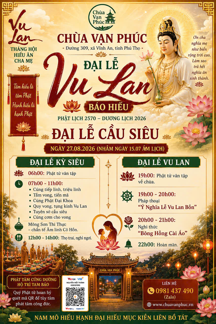 Đại lễ Vu Lan Báo Hiếu và Đại lễ Cầu Siêu 2026 tại Chùa Vạn Phúc, xã Vĩnh An, tỉnh Phú Thọ